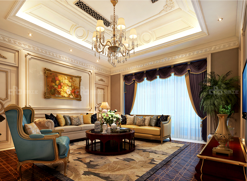 整木定制法式風(fēng)格，金色別墅裝修案例效果圖(圖3)